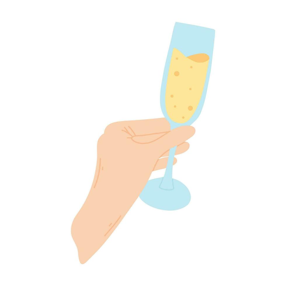 Glass of champagne in hand. Vector illustration. Champagne in hand in flat style.