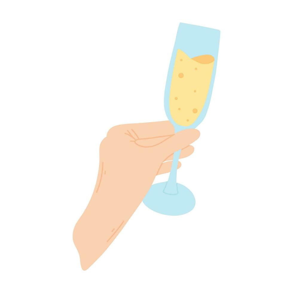 Glass of champagne in hand. Vector illustration. Champagne in hand in flat style.