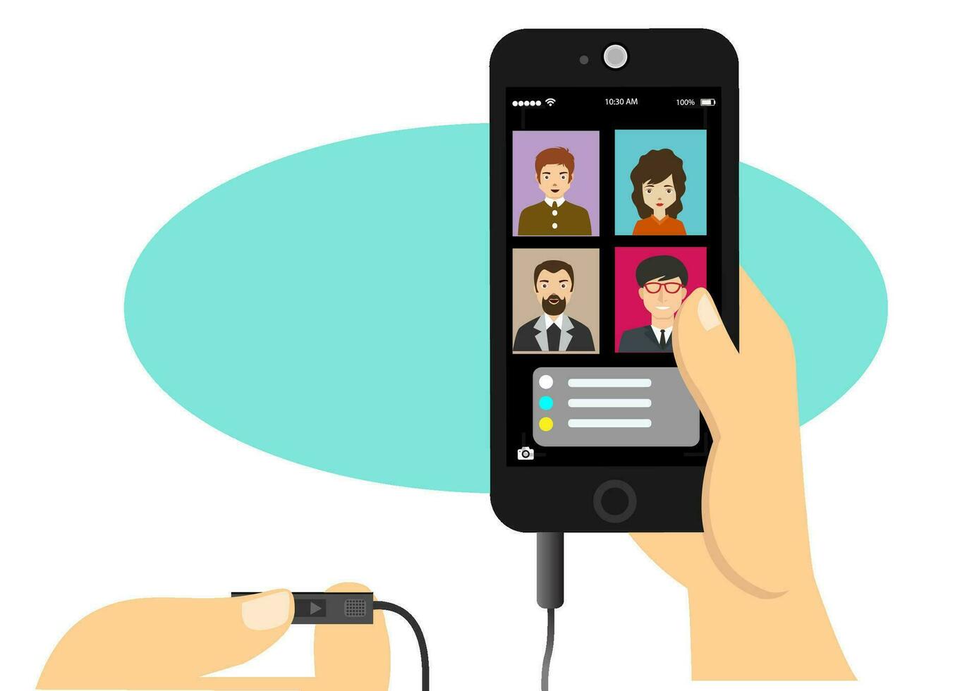 Video conferencing from a smartphone. Work team talking to each other on screen. Vector flat illustration