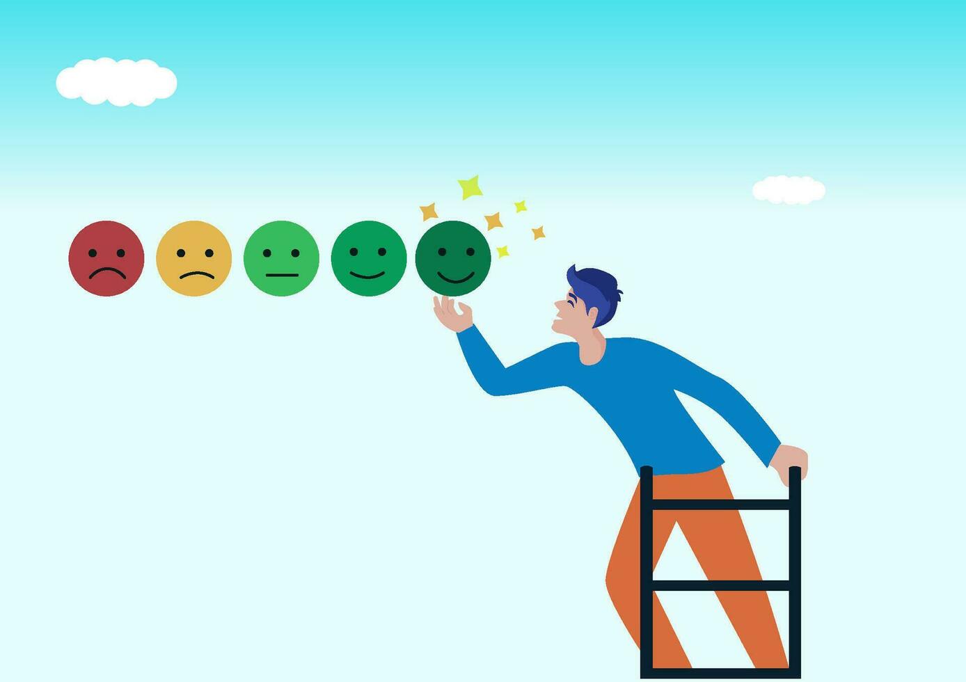 Customer satisfaction, feedback or appreciation rating, positive score or good quality service, customer experience vote concept, young man climb up ladder to give positive smile feedback rating. vector