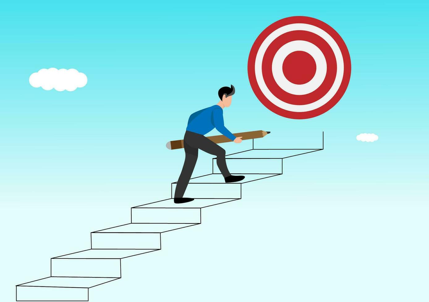 Build stair to reach target, career success or progress to achievement, business goal or future succeed, effort to grow career path concept, businessman use pencil to draw stair step to reach success. vector