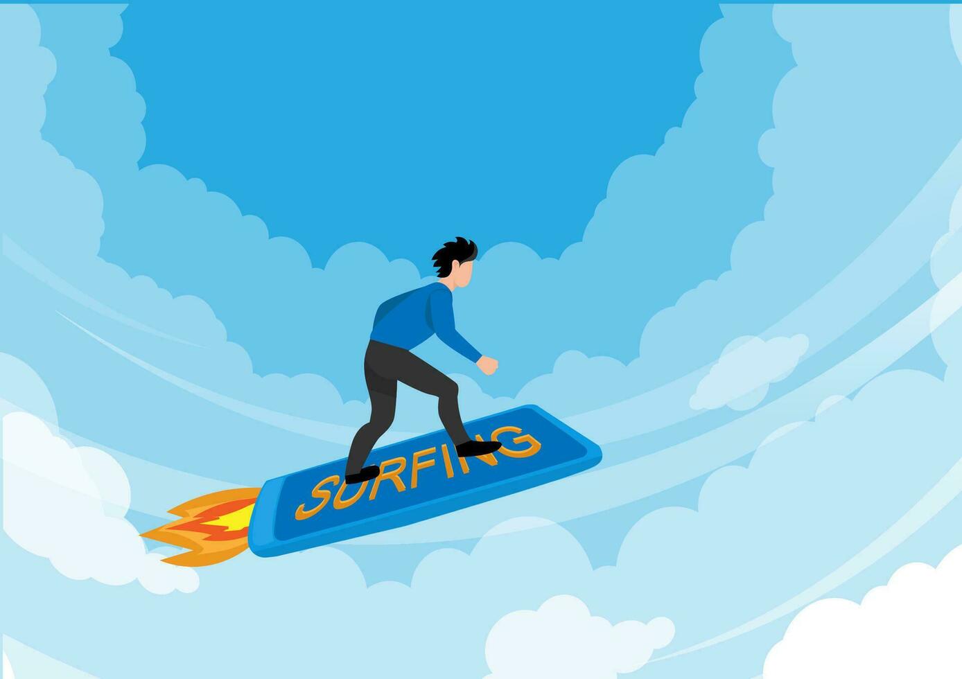 man surfing the internet flying on a smartphone Young men using mobile phones fly quickly to browse online. Communication technology, cyberspace flat vector concept.