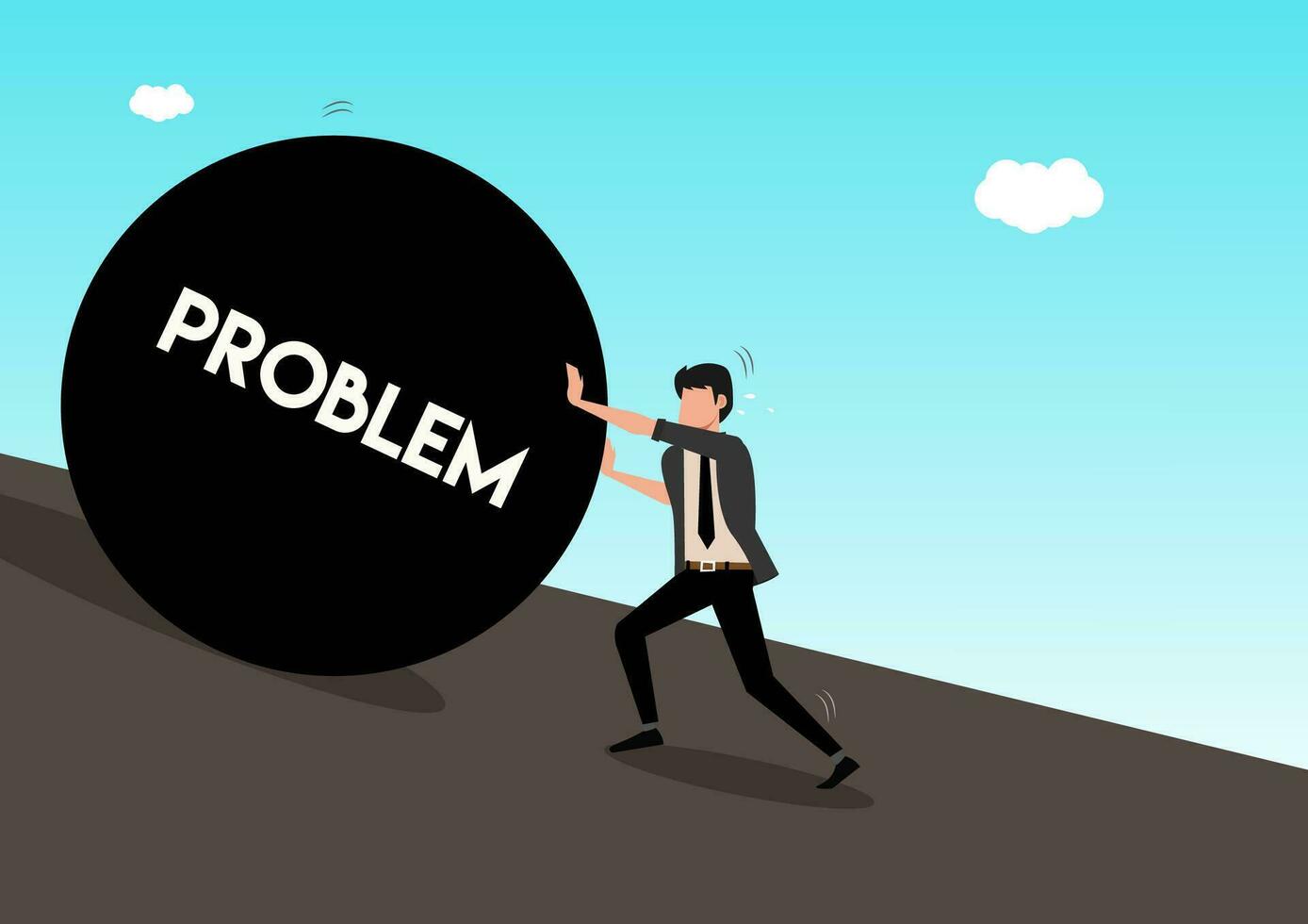Businessman pushing huge stone with message debt up the hill. Business problem crisis hardship and burden concept. Cartoon. Vector illustration in flat style.