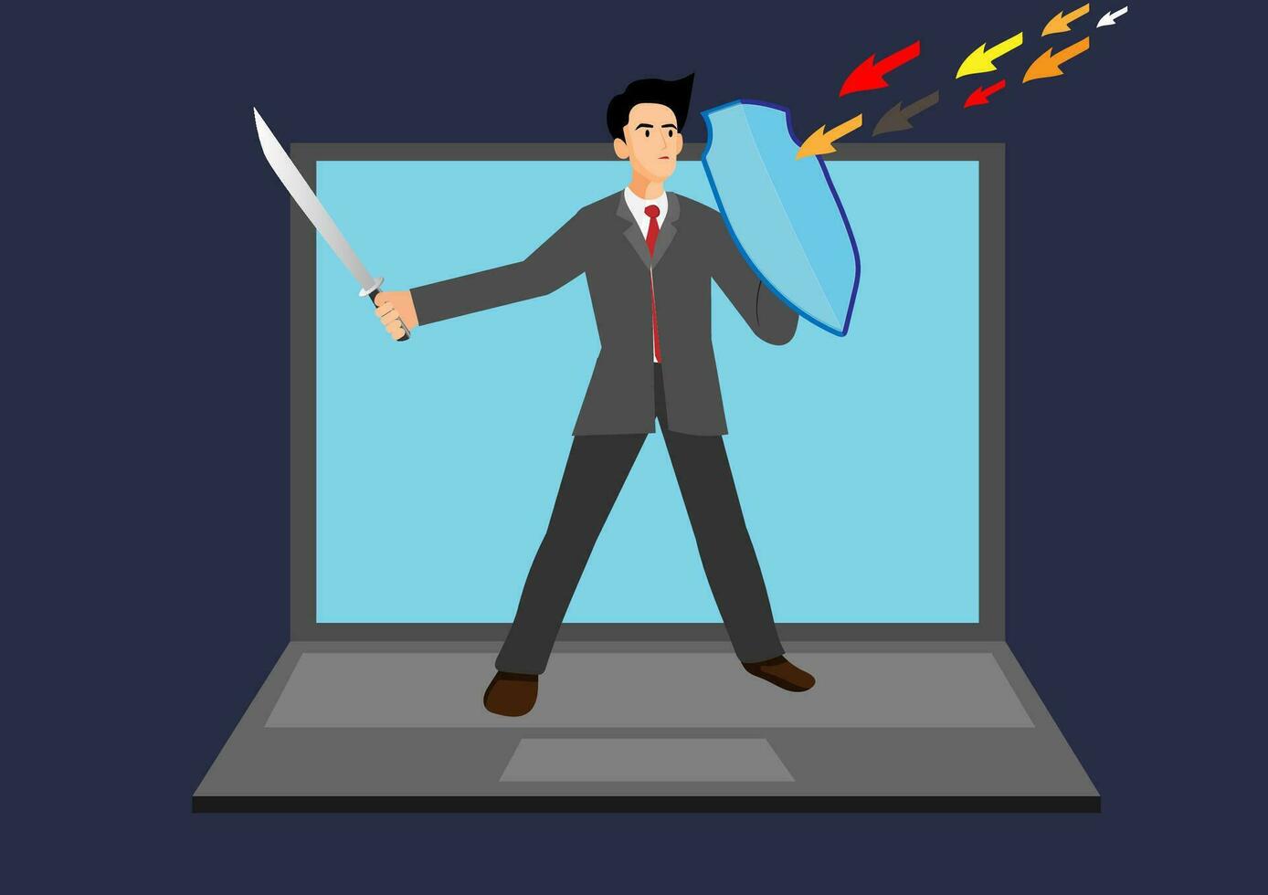 Cyber security protection for safety computer network, safety shield to protect online threat or attack, digital privacy or encryption concept, man hold shield on computer laptop protect cyber attack. vector