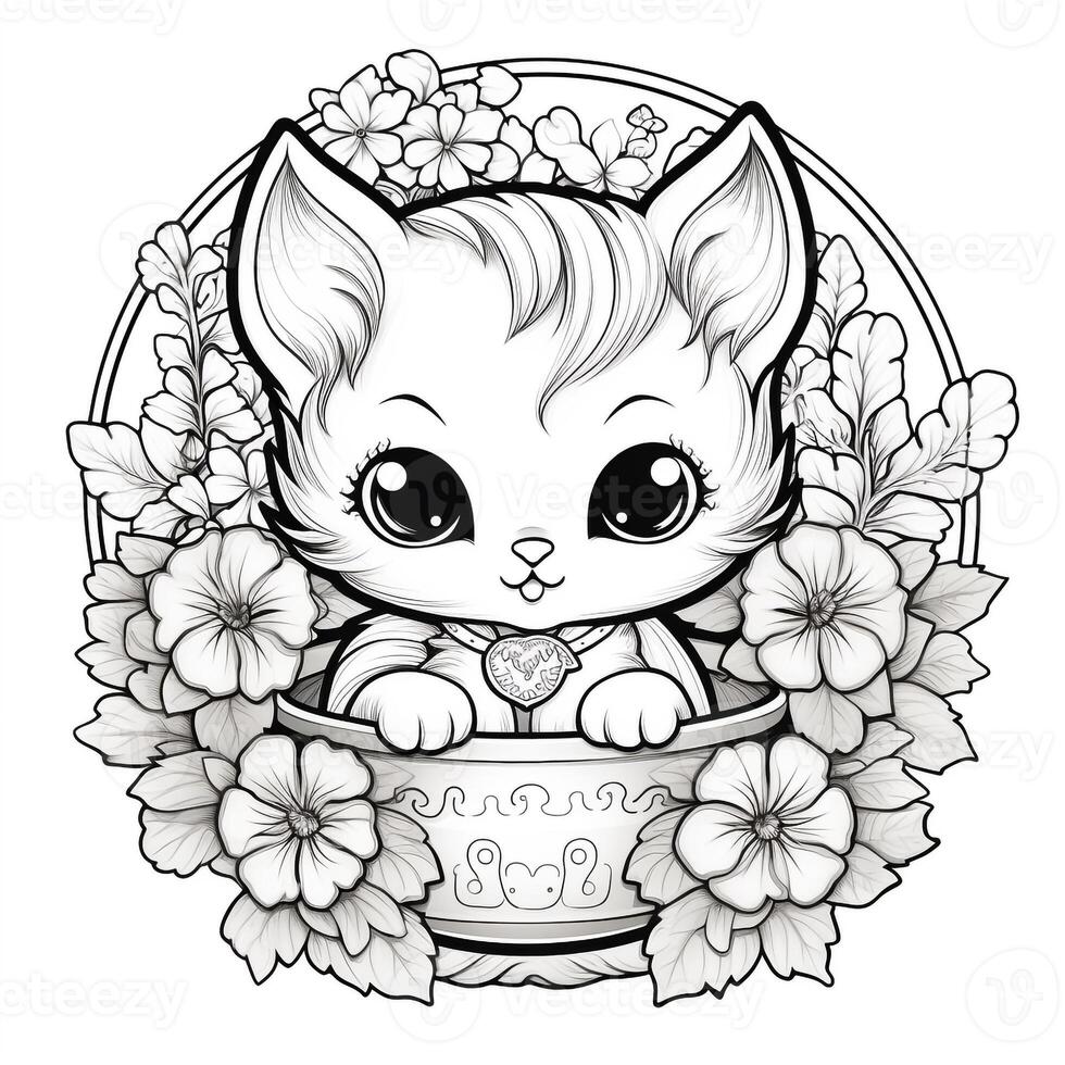 Floral Cat Coloring Pages photo