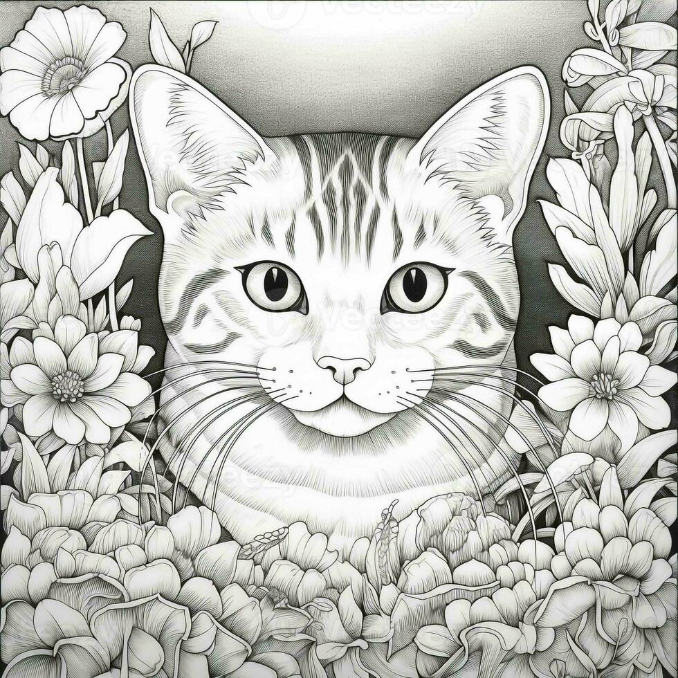 Floral Cat Coloring Pages photo