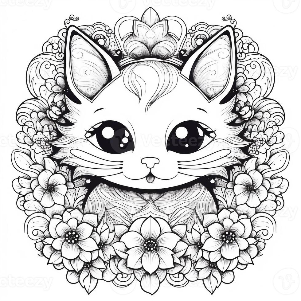 Floral Cat Coloring Pages photo