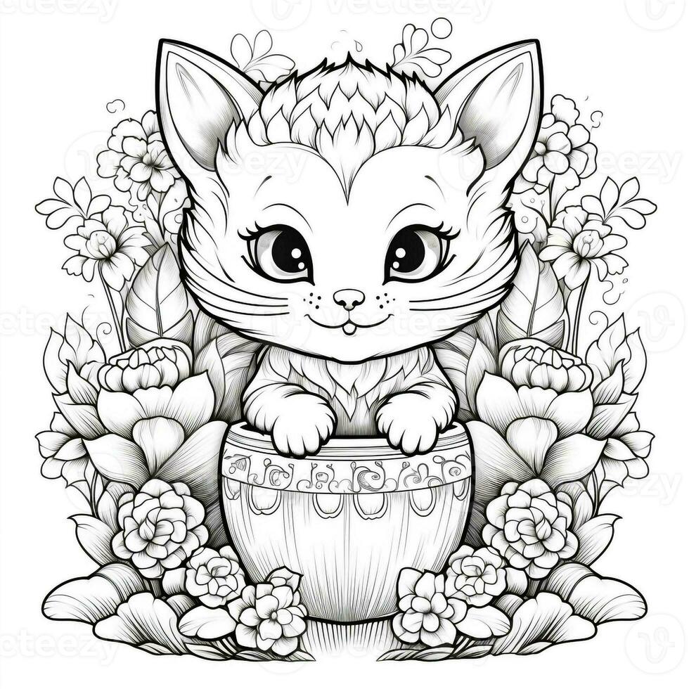 Cute Coloring Book With A Cat And Flowers Stock Illustration