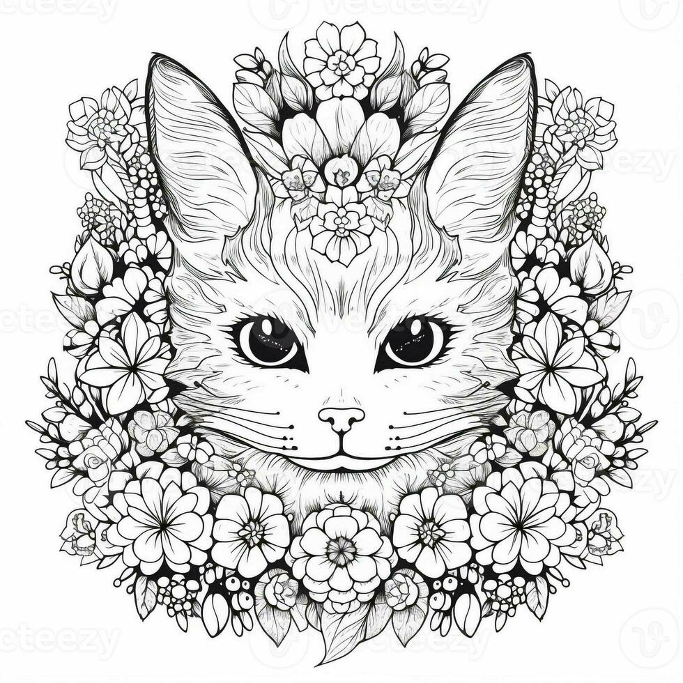 Floral Cat Coloring Pages photo