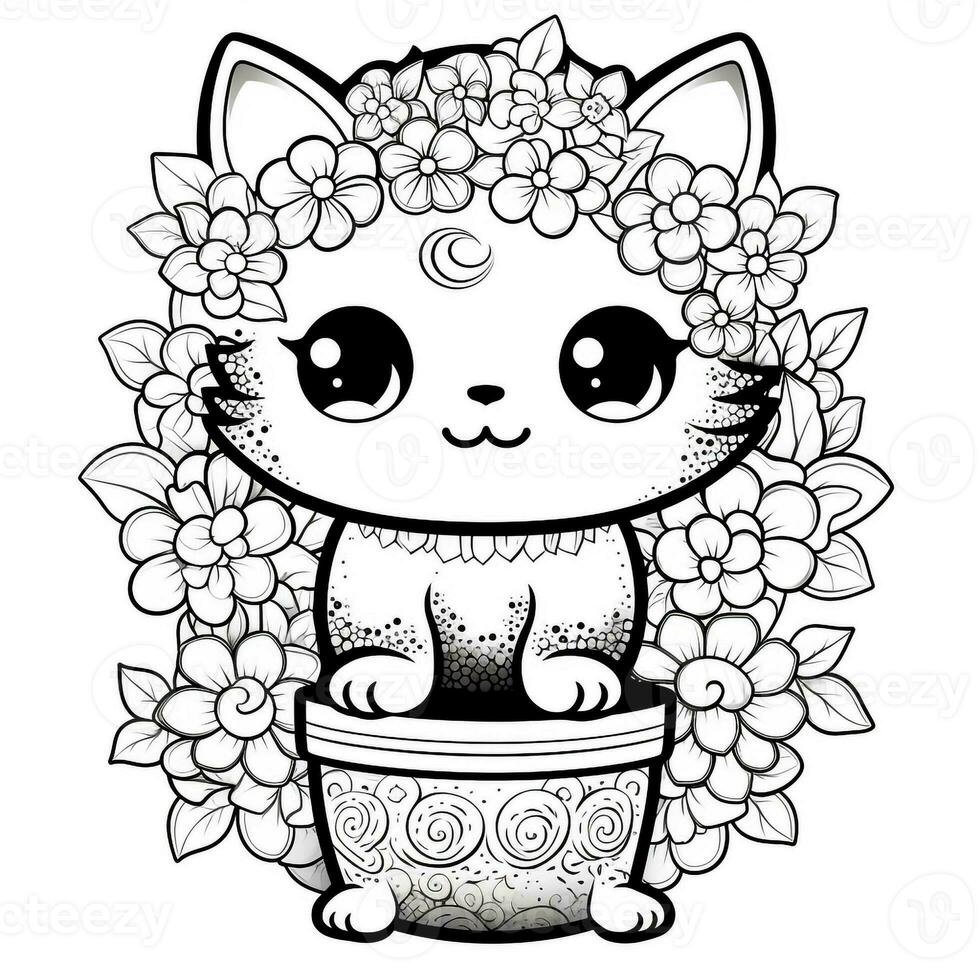 Floral Cat Coloring Pages photo