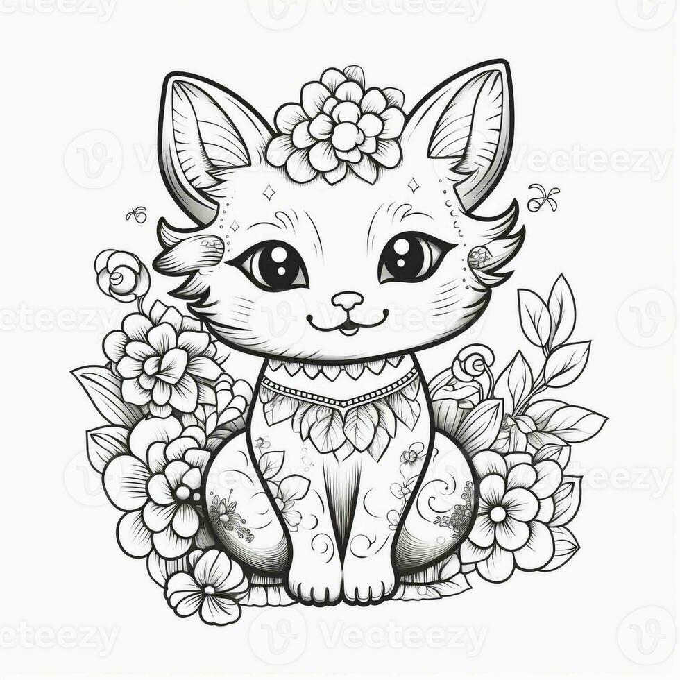 Floral Cat Coloring Pages photo