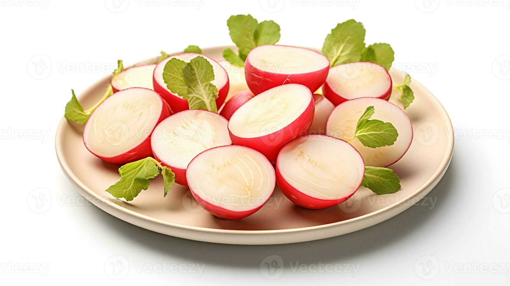 Photo of Rutabaga sliced pieces on minimalist plate isolated on white background