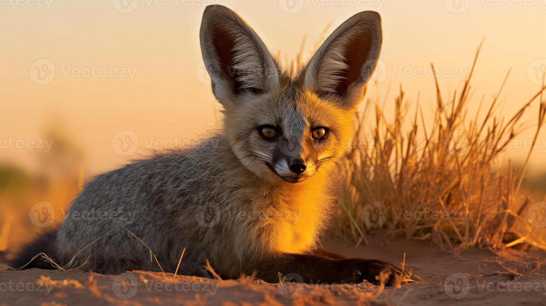 Photo of Bat Eared Fox on savanna at sunset. Generative AI