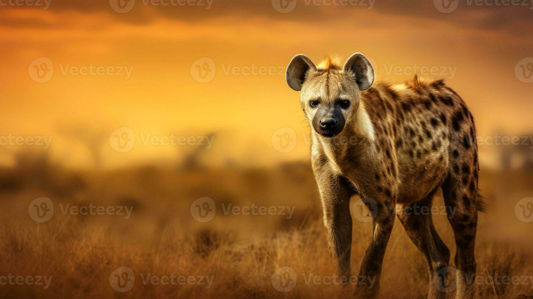 Photo of Hyena on savanna at sunset. Generative AI