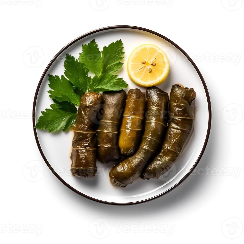 Photo of dolma with lemon on plate isolated on white background. Created by