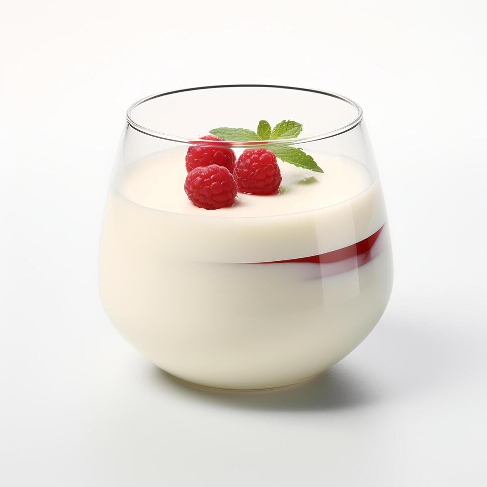 Food photography of Panna cotta on glass isolated on white background. photo