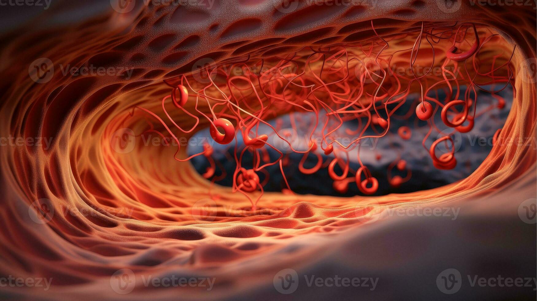 3D illustration mockup of the human organ systems, circulatory, digestive, red and white bloodcells wtih blurred backgroun. Medical education concept, Generative AI illustration photo