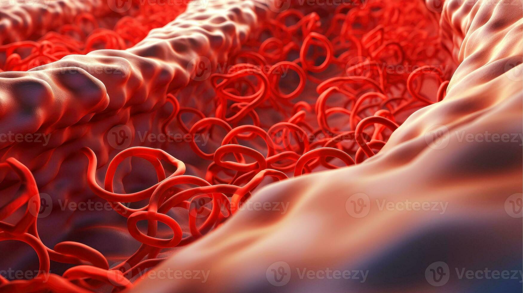 3D illustration mockup of the human organ systems, circulatory, digestive, red and white bloodcells wtih blurred backgroun. Medical education concept, Generative AI illustration photo