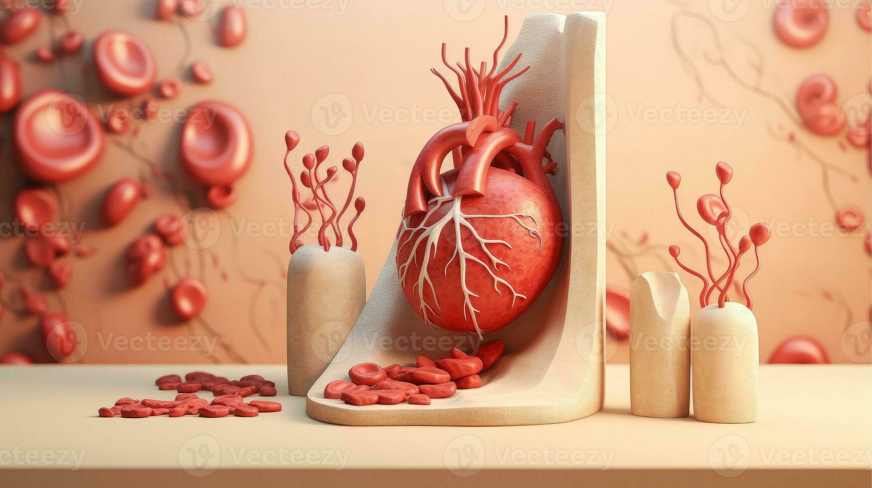 3d ilustración Bosquejo de el humano Organo sistemas, circulatorio, digestivo, rojo y blanco células de sangre con borroso fondo médico educación concepto, generativo ai ilustración foto