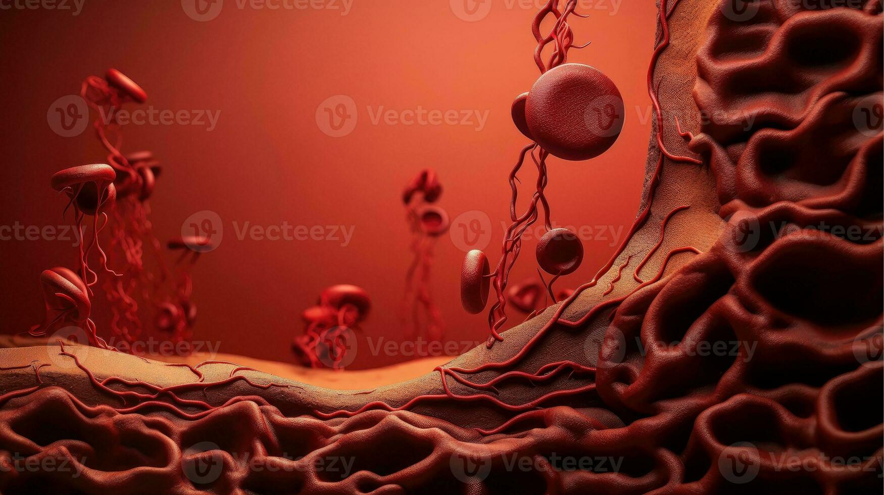 3d ilustración Bosquejo de el humano Organo sistemas, circulatorio, digestivo, rojo y blanco células de sangre con borroso fondo médico educación concepto, generativo ai ilustración foto