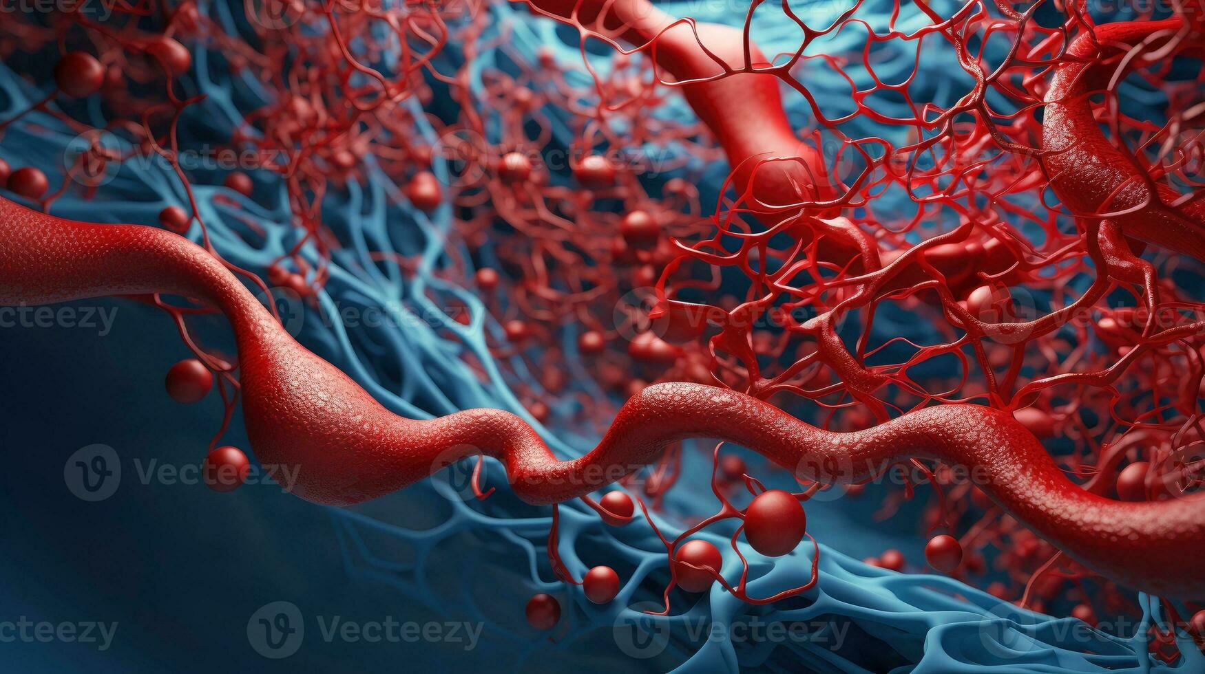 3D illustration mockup of the human organ systems, circulatory, digestive, red and white bloodcells wtih blurred backgroun. Medical education concept, Generative AI illustration photo