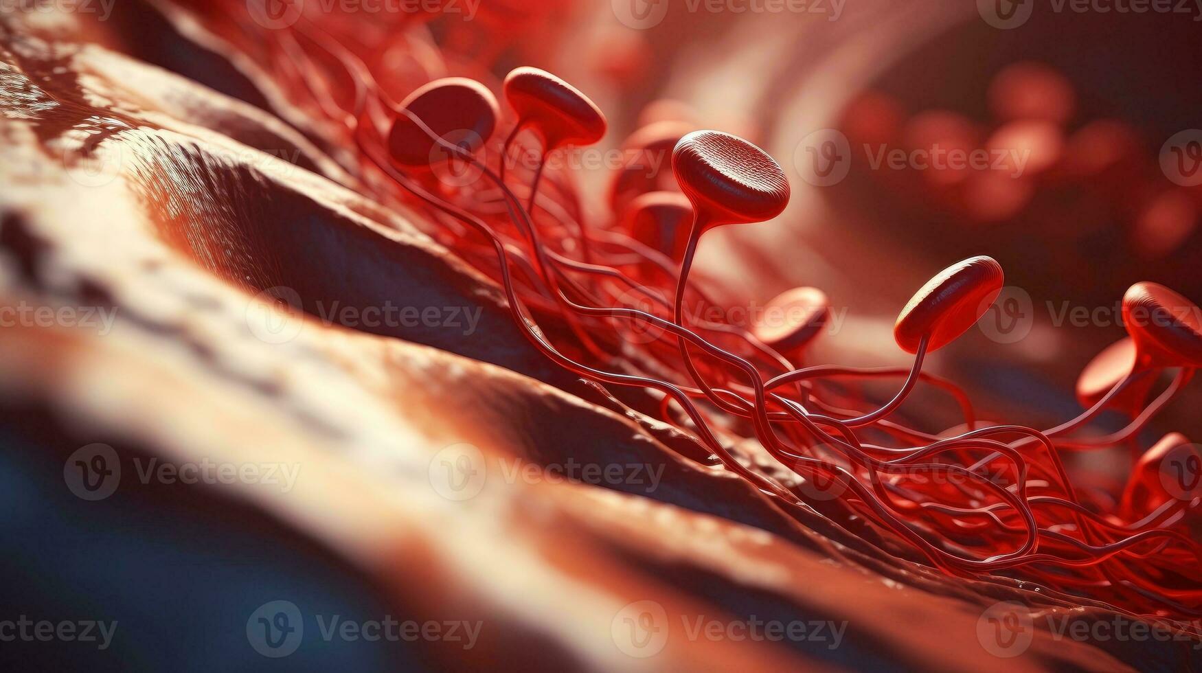 3D illustration mockup of the human organ systems, circulatory, digestive, red and white bloodcells wtih blurred backgroun. Medical education concept, Generative AI illustration photo