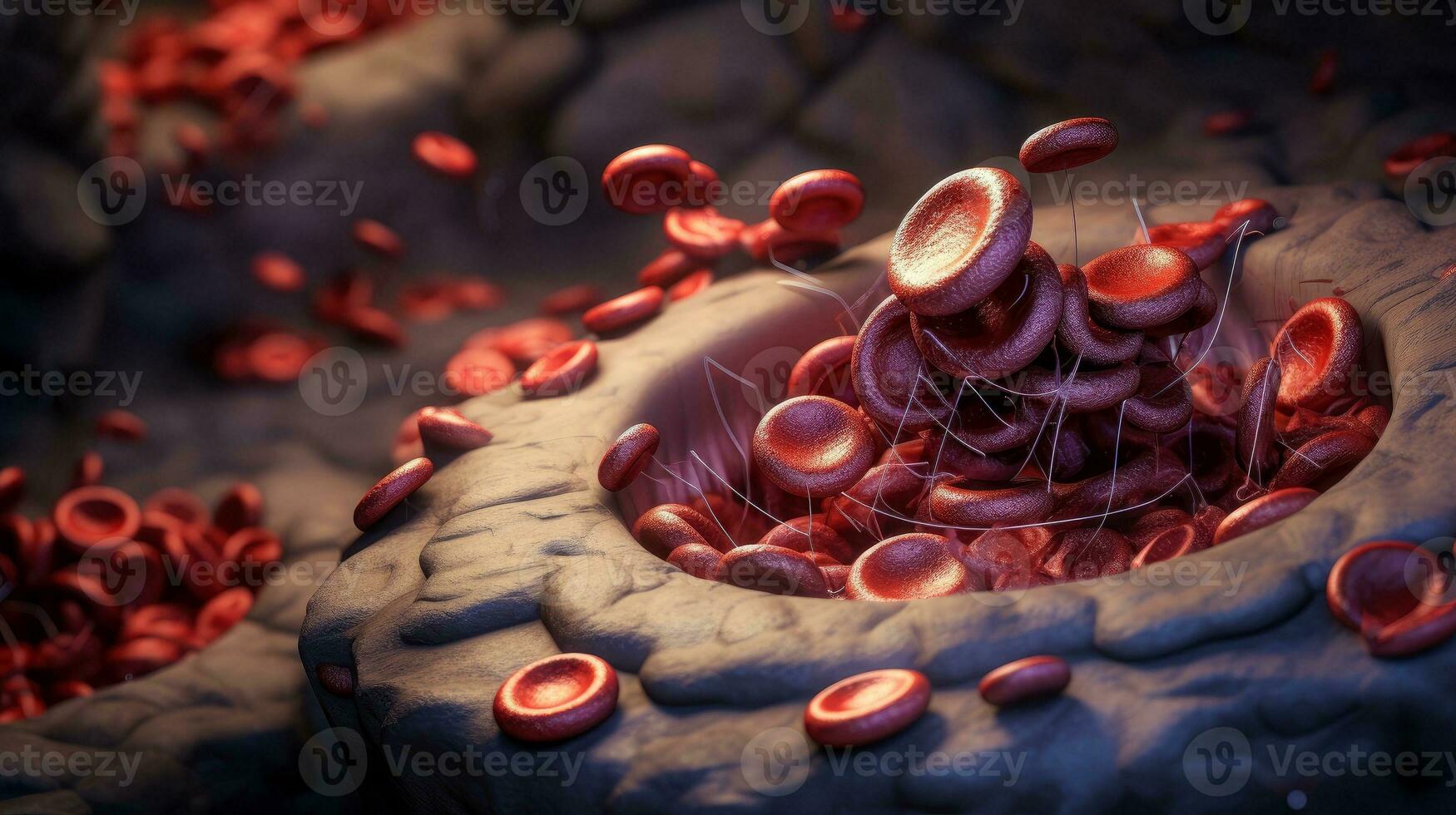 3D illustration mockup of the human organ systems, circulatory, digestive, red and white bloodcells wtih blurred backgroun. Medical education concept, Generative AI illustration photo