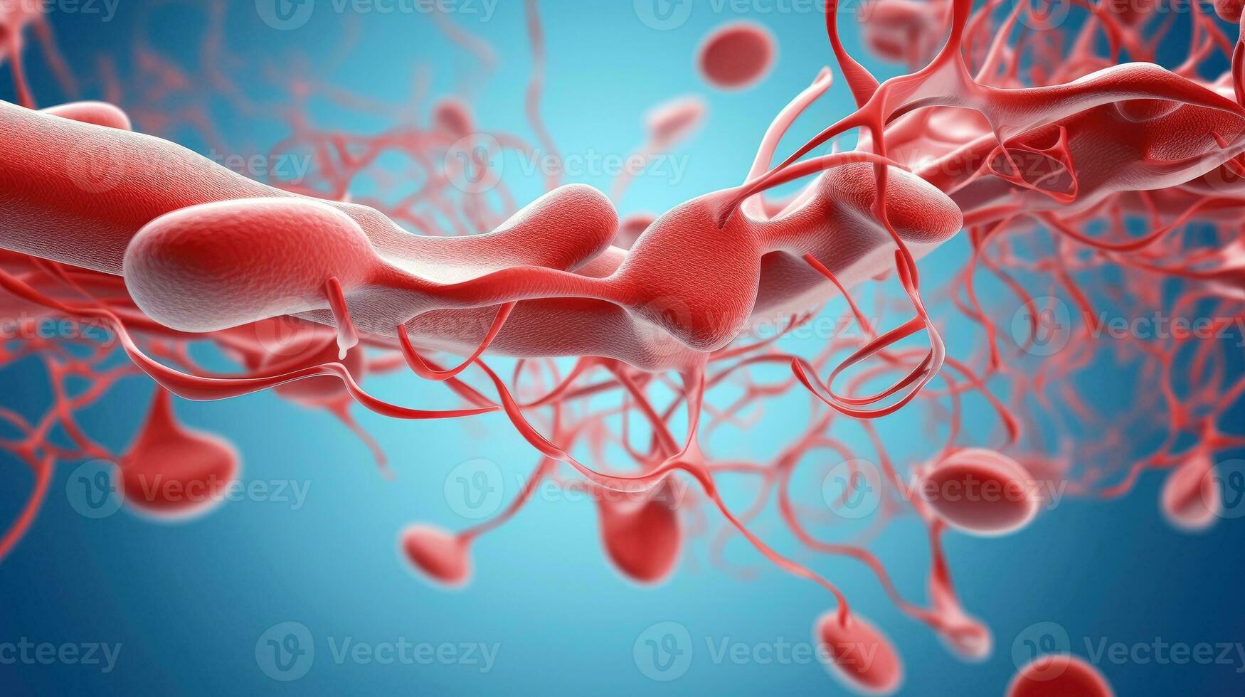 3D illustration mockup of the human organ systems, circulatory, digestive, red and white bloodcells wtih blurred backgroun. Medical education concept, Generative AI illustration photo