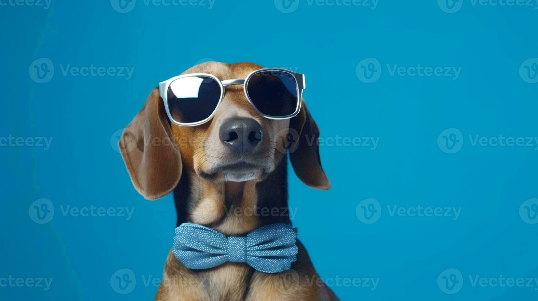 Photo of haughty dachshund using sunglasses  and office suit on white background. Generative AI