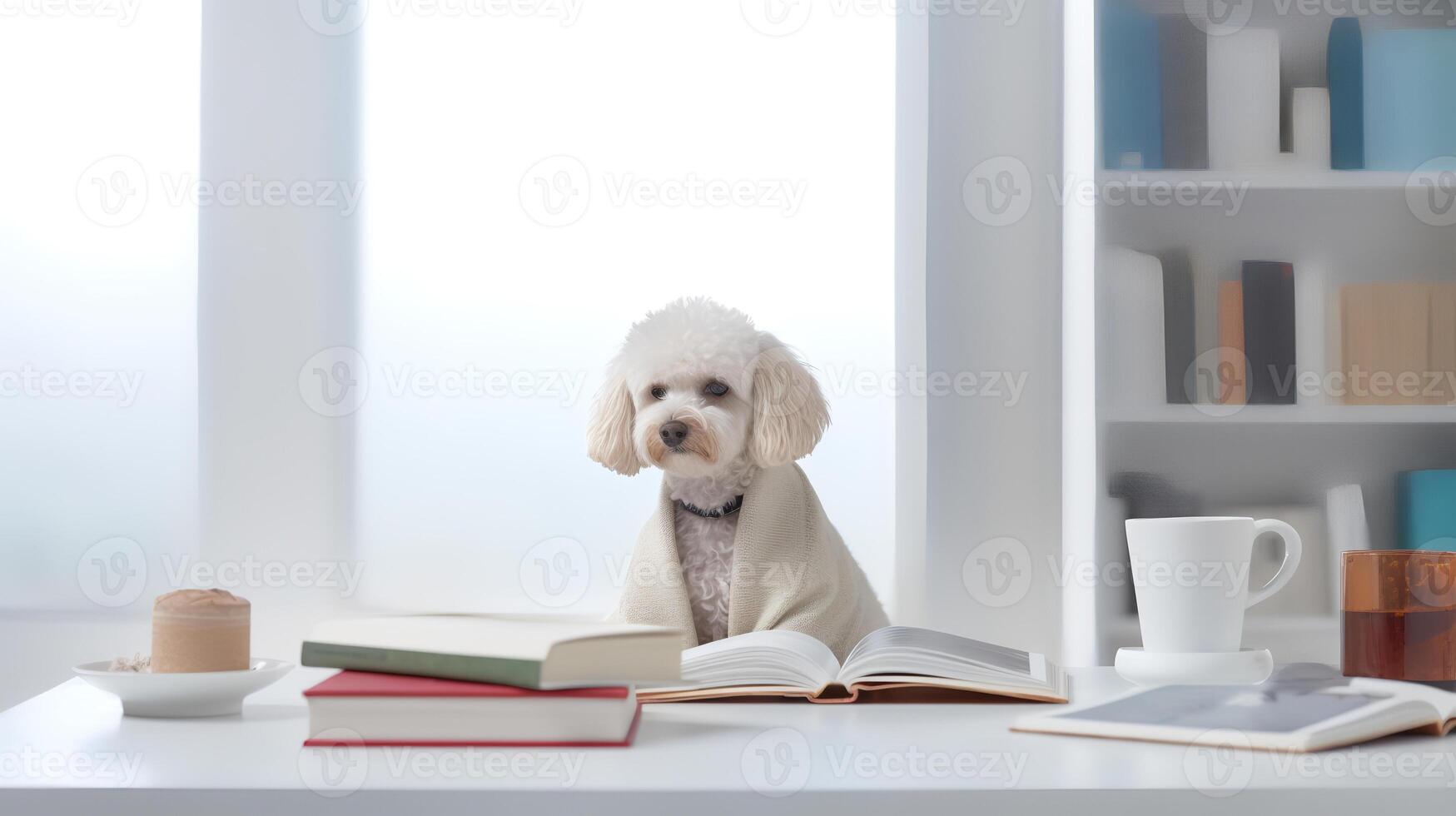 a poodle dog in a sweater sits studying accompanied by a cup and piles of books photo