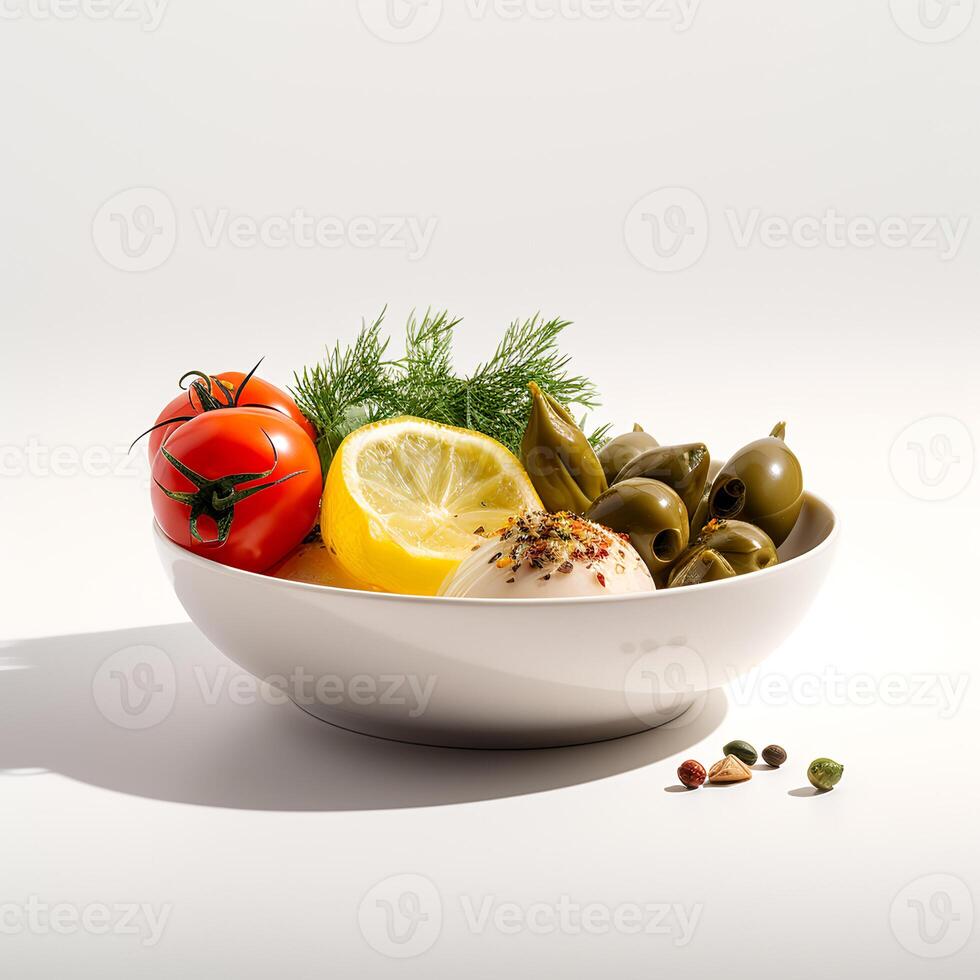 Photo of Fatoush on bowl isolated on white background. Created by Generative AI