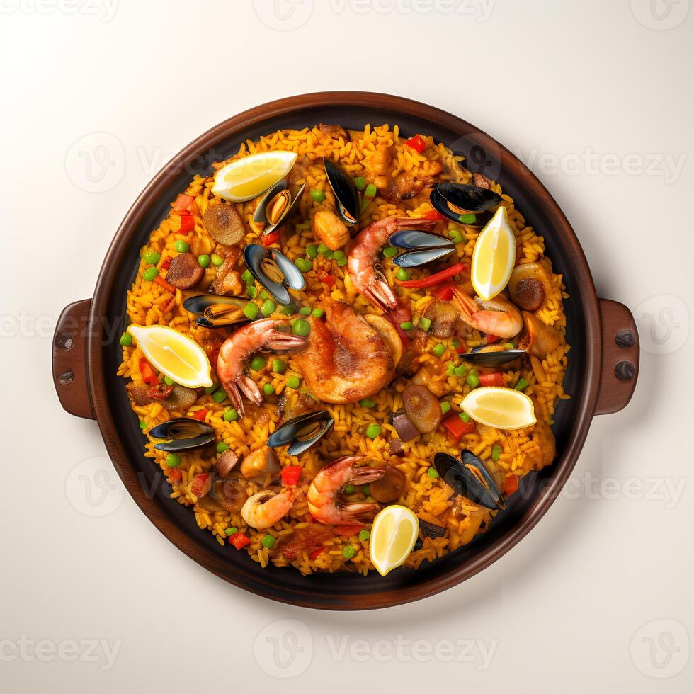 Food photography of Paella on plate isolated on white background. photo