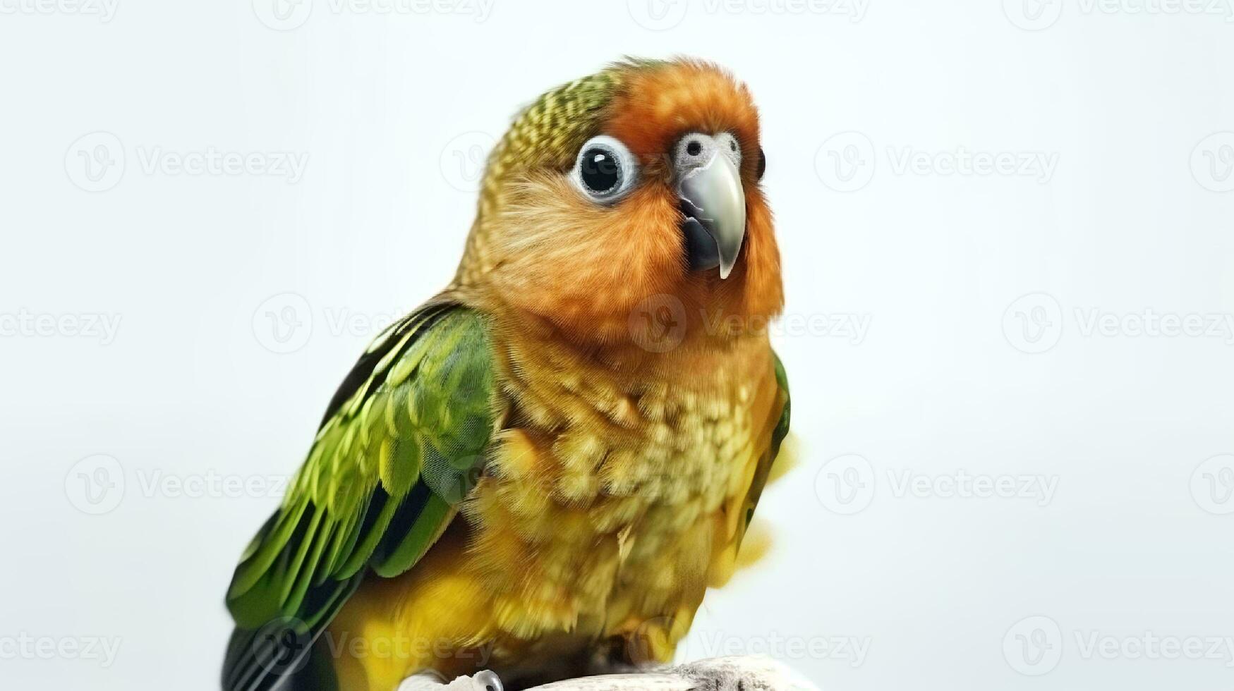 foto de un conure pájaro en blanco antecedentes. generativo ai