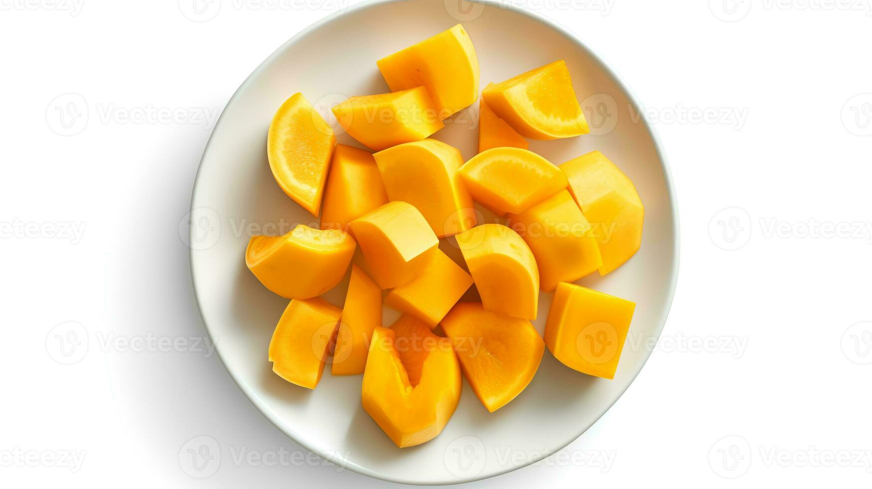 Photo of Butternut squash slices on plate isolated on white background