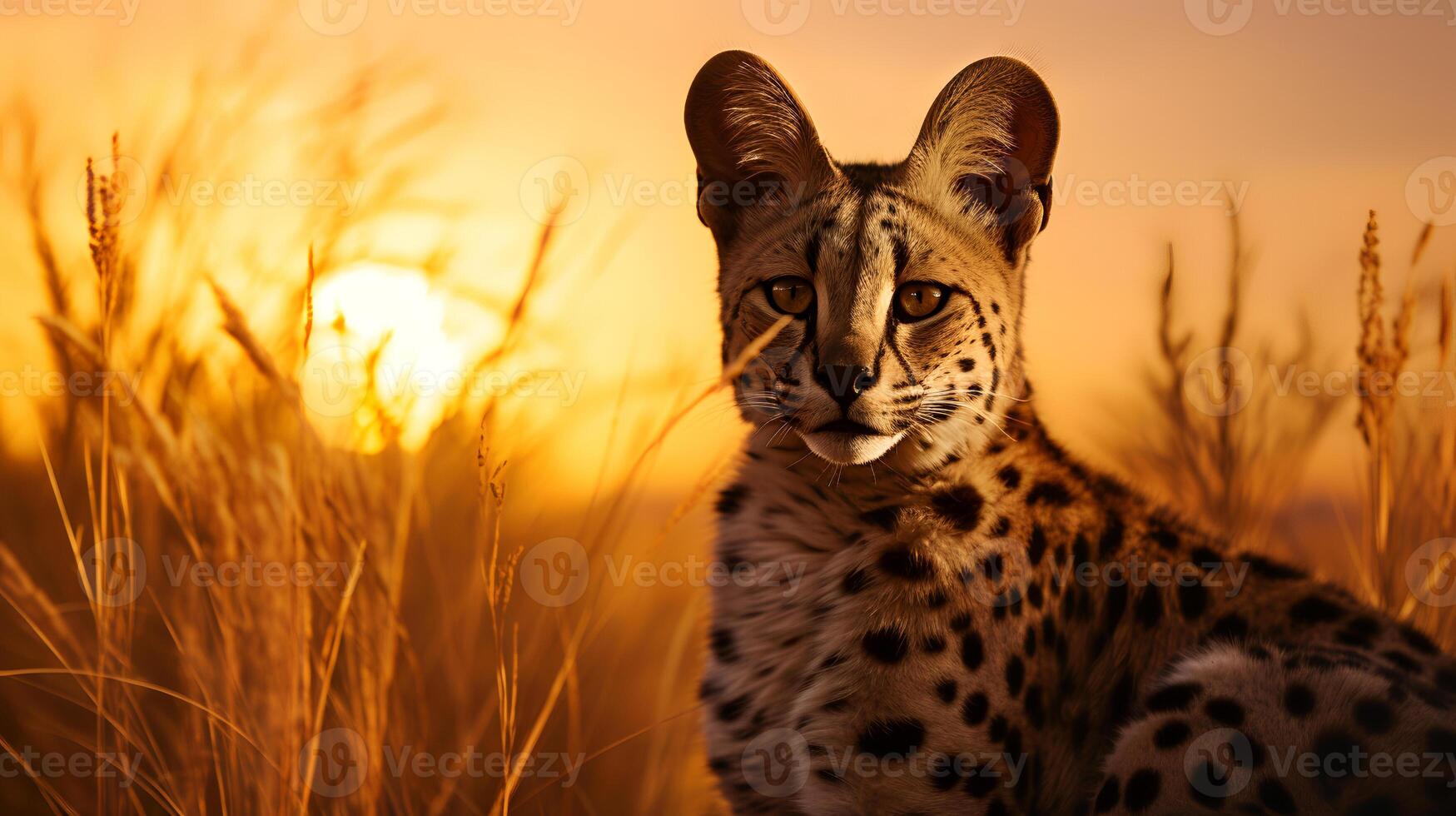 Photo of Serval on savanna at sunset. Generative AI