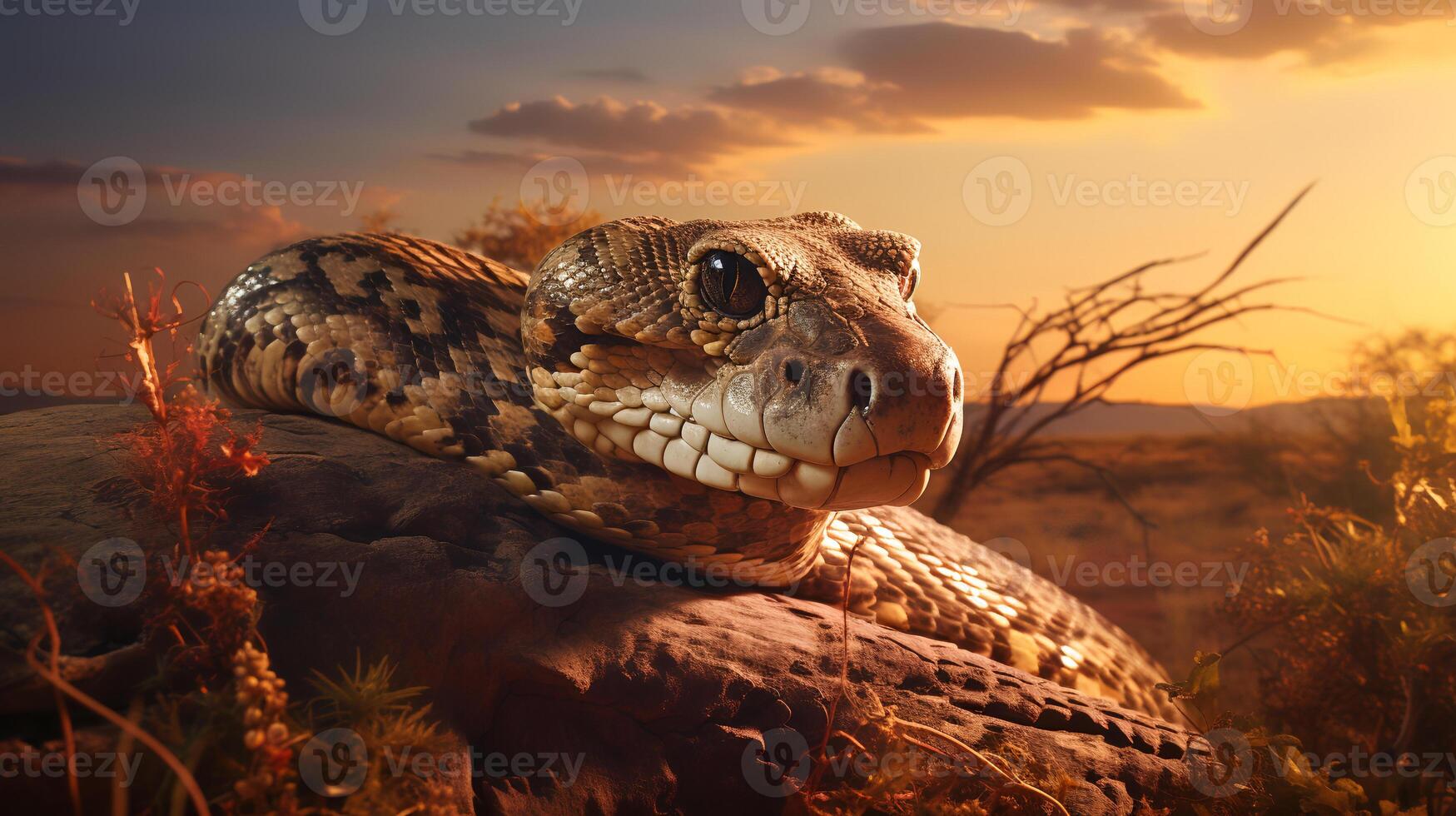 Photo of African Python on savanna at sunset.