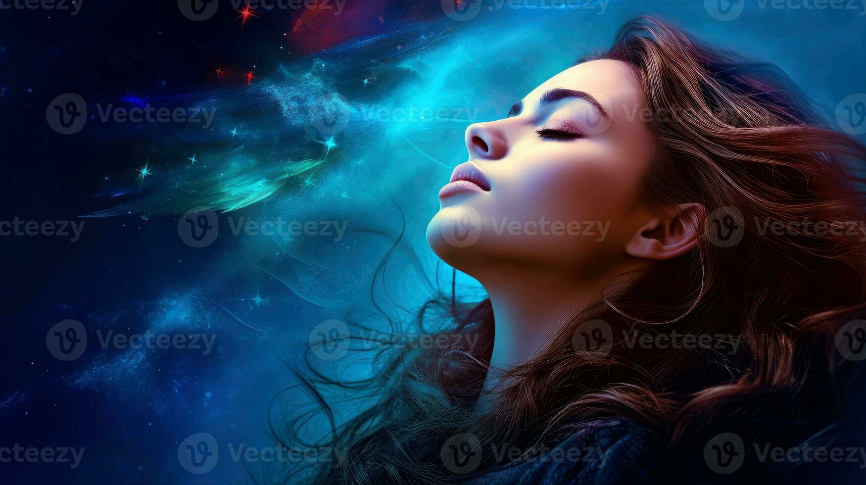 Illustration of woman sleeping and dreaming. Psychic girl considers mind and heart, spirituality, esotericism. Psychic waves concept, Generative AI illustration photo