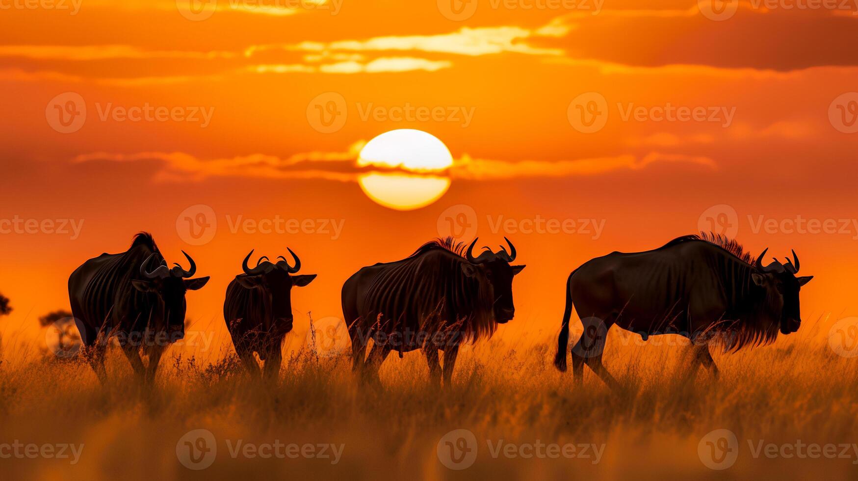 Photo of Wildebeest on savanna at sunset.