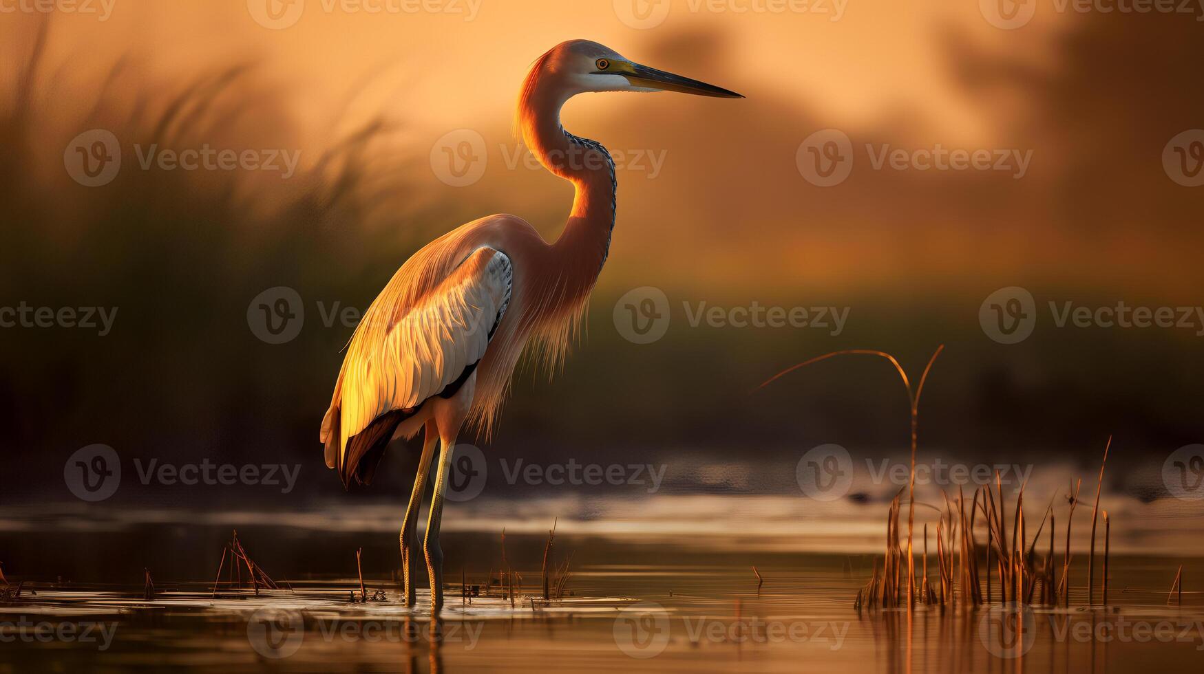 Photo of Goliath Heron on savanna at sunset.