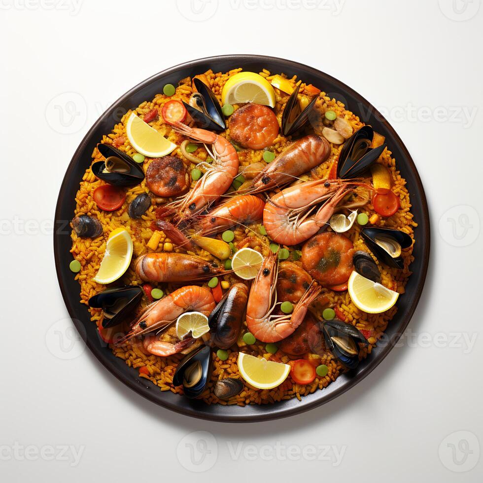 Food photography of Paella on plate isolated on white background. photo