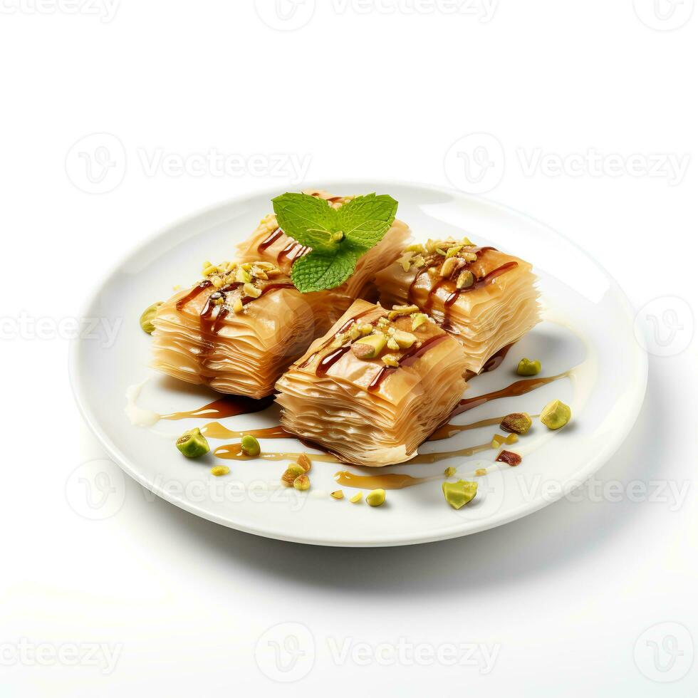 Photo of Baklava on plate isolated on white background. Created by Generative AI