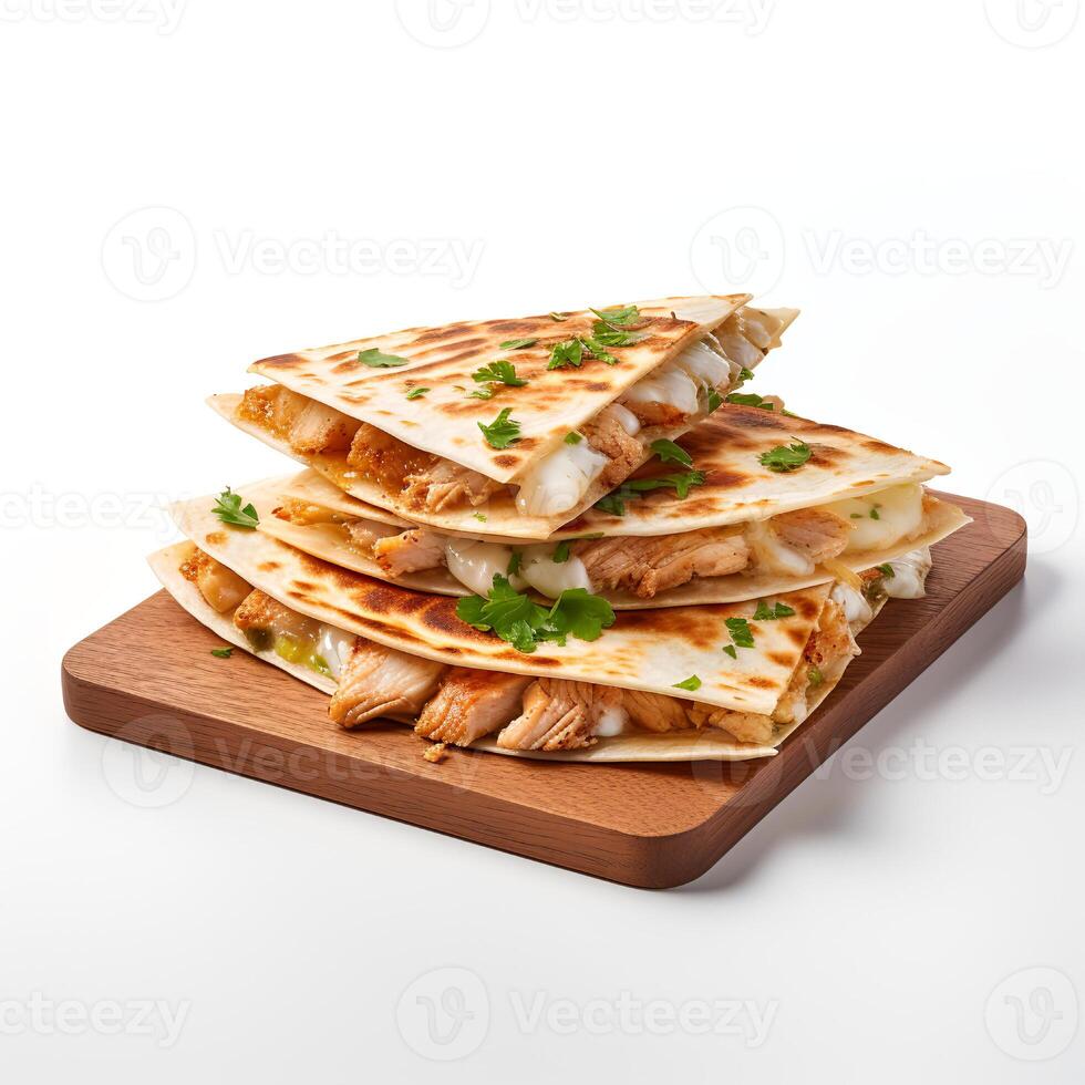 Photo of Chicken Quesadilla on wooden board isolated on white background. Created by