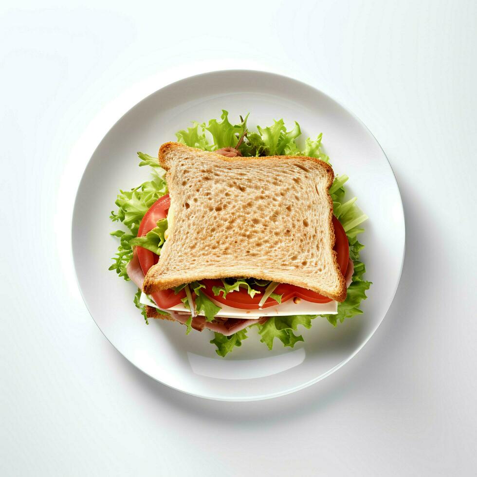Food photography of sandwich on plate isolated on white background. Generative AI photo