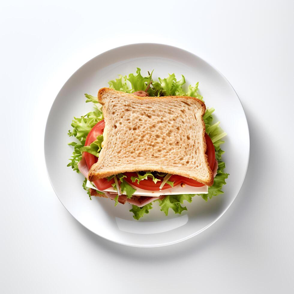 Food photography of sandwich on plate isolated on white background. photo