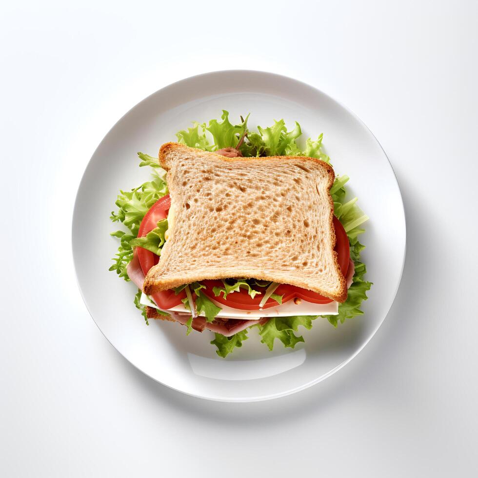 Food photography of sandwich on plate isolated on white background. Generative AI photo