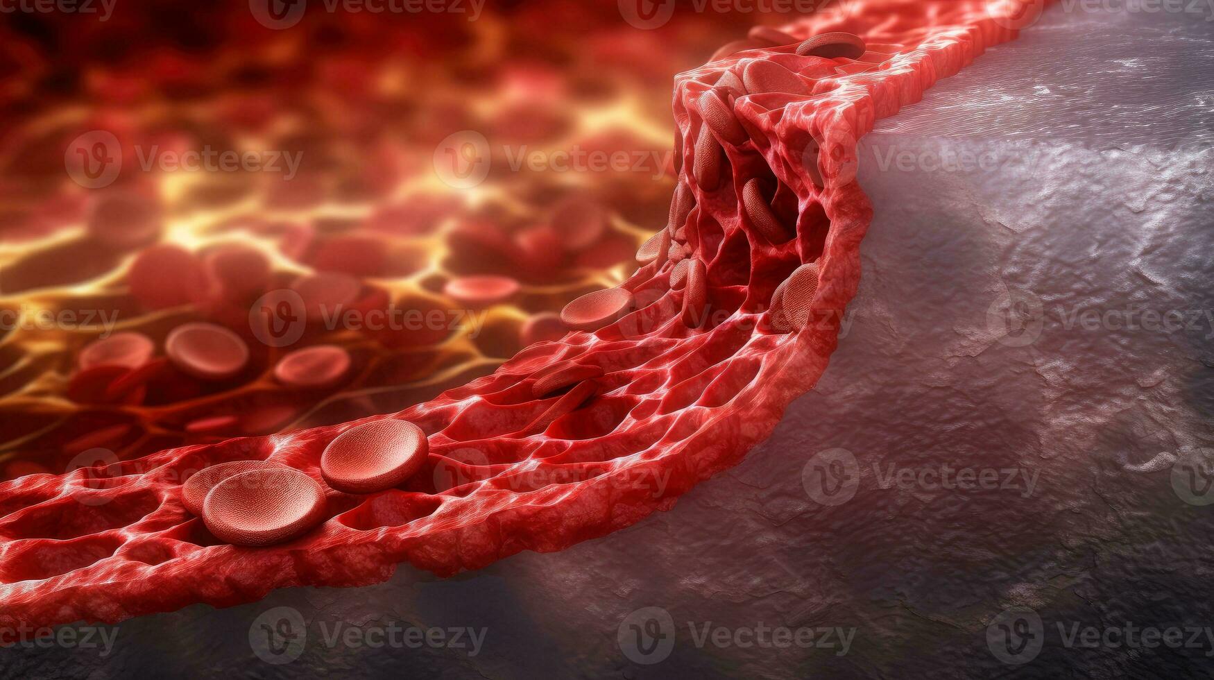 3d ilustración Bosquejo de el humano Organo sistemas, circulatorio, digestivo, rojo y blanco células de sangre con borroso fondo médico educación concepto, generativo ai ilustración foto