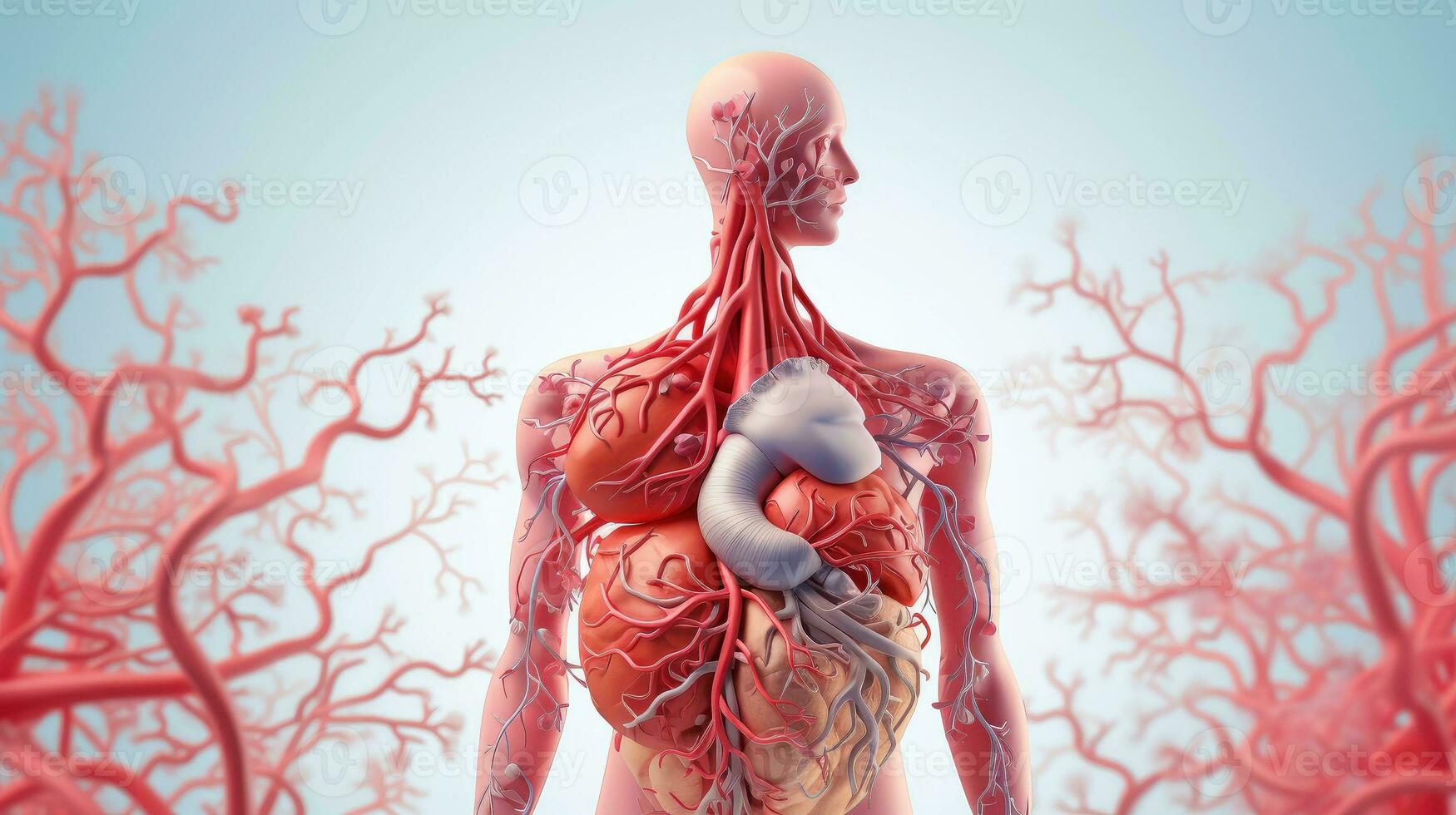 3d ilustración de el humano Organo sistemas, humano interno órganos anatomía. nervioso, circulatorio, digestivo, excretorio, urinario, y hueso sistemas médico educación concepto, generativo ai ilustración foto