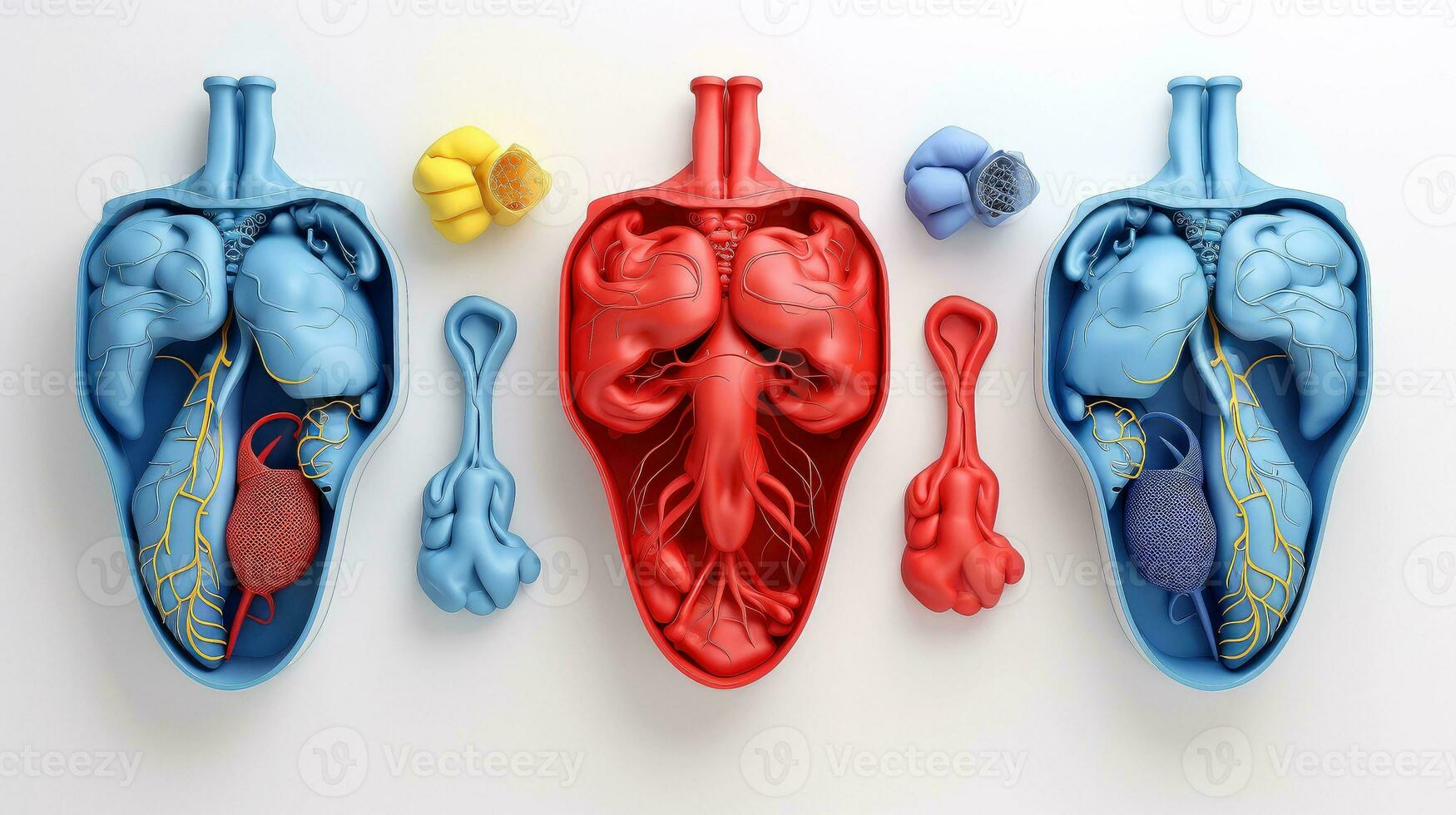 3d ilustración de el humano Organo sistemas, humano interno órganos anatomía. nervioso, circulatorio, digestivo, excretorio, urinario, y hueso sistemas médico educación concepto, generativo ai ilustración foto