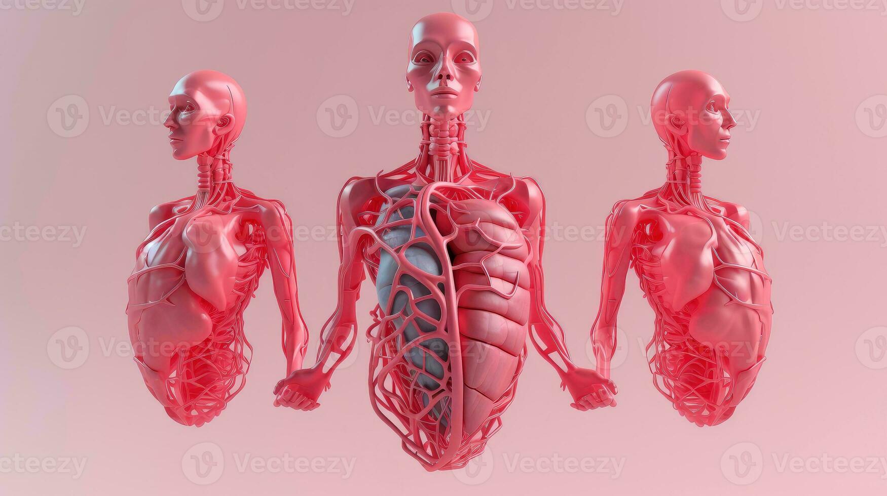 3d ilustración de el humano Organo sistemas, humano interno órganos anatomía. nervioso, circulatorio, digestivo, excretorio, urinario, y hueso sistemas médico educación concepto, generativo ai ilustración foto