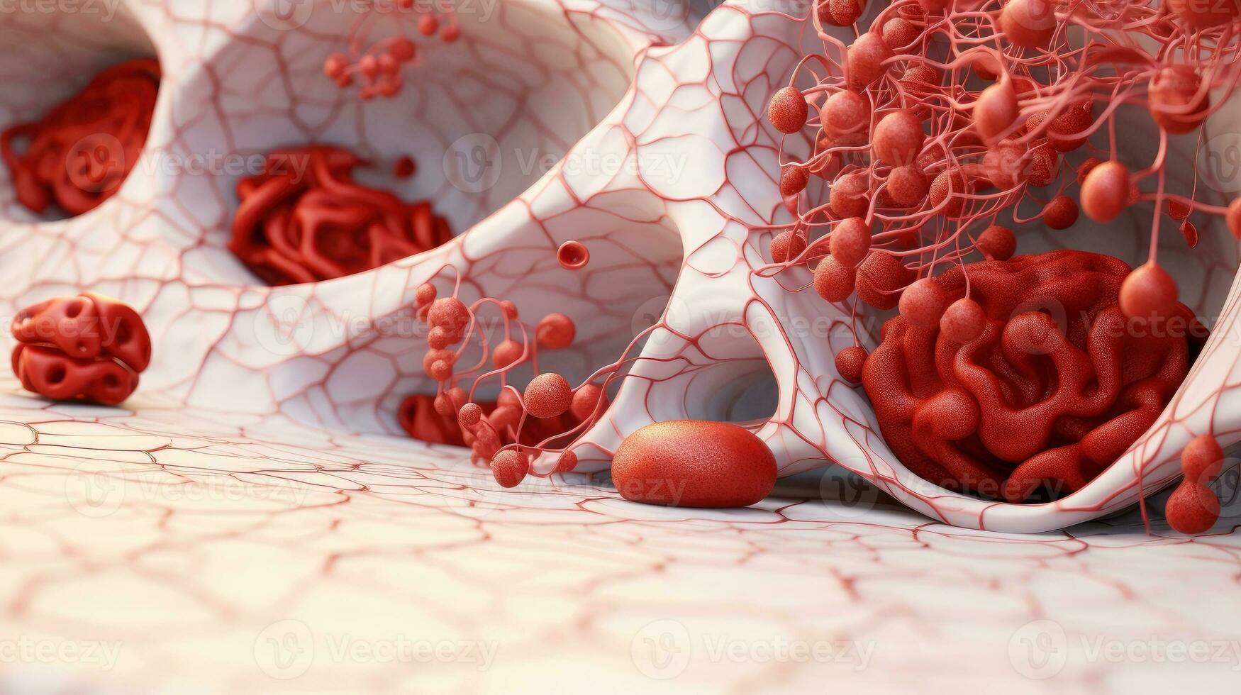 3D illustration mockup of the human organ systems, circulatory, digestive, red and white bloodcells wtih blurred backgroun. Medical education concept, Generative AI illustration photo